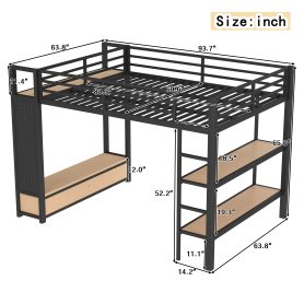 Metal Queen Size Loft Bed Frame With Wardrobe, Storage Shelves And Pegboard