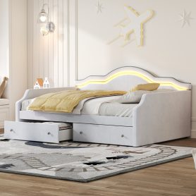 Full Size Upholstered Daybed with LED and 2 Drawers