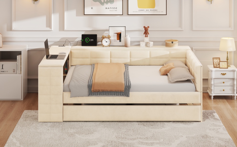Full Size Upholstered Platform Bed with Storage Shelves, Desk, Charging Station and Trundle 6 Full Size Upholstered Platform Bed with Storage Shelves, Desk, Charging Station and Trundle