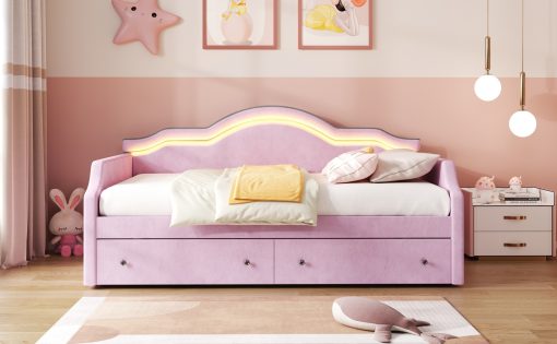 Twin Size Upholstered Daybed with LED and 2 Drawers