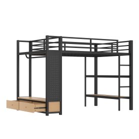 Metal Full Size Loft Bed Frame With Wardrobe, Storage Shelves And Pegboard