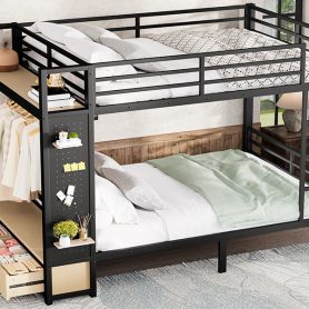 Metal Queen over Queen Size Bunk Bed with Storage Shelves, Drawers and Pegboard