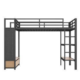 Metal Full Size Loft Bed Frame With Wardrobe, Storage Shelves And Pegboard
