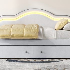 Full Size Upholstered Daybed with LED and 2 Drawers