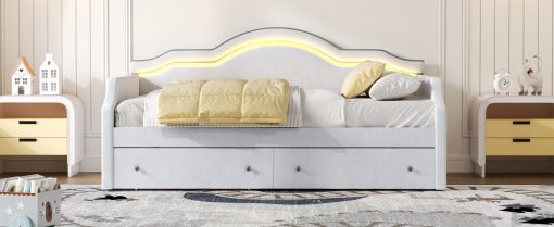 Full Size Upholstered Daybed with LED and 2 Drawers