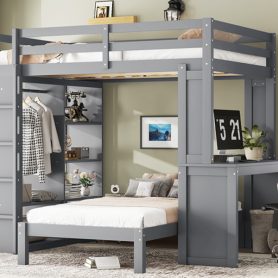 Solid Wood Full Xl/Full Over Twin Bunk Bed With Dismountable Lower Bed, Desk, Built-in Shelves And Wardrobe