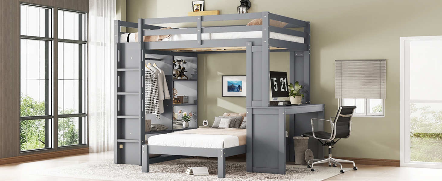 Solid Wood Full Xl/Full Over Twin Bunk Bed With Dismountable Lower Bed, Desk, Built-in Shelves And Wardrobe