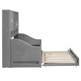 Twin Size Upholstered Daybed with LED Armrest Lights, Storage Shelves & Cabinets