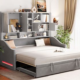 Twin Size Upholstered Daybed with LED Armrest Lights, Storage Shelves & Cabinets