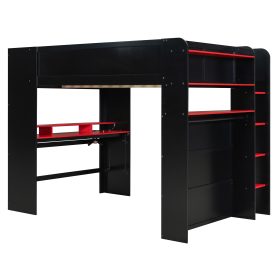 Full Size Wood Bunk Bed with height-adjustable Desk,Wardrobe,Ample Storage Space,and RGB Light