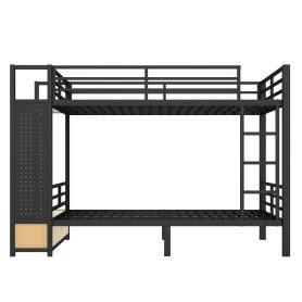 Metal Queen over Queen Size Bunk Bed with Storage Shelves, Drawers and Pegboard