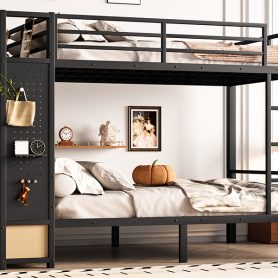 Metal Full Over Full Size Bunk Bed With Storage Shelves, Drawers and Pegboard