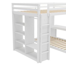 Solid Wood Queen Over Twin Bunk Bed With Dismountable Lower Bed, Desk, Built-in Shelves And Wardrobe