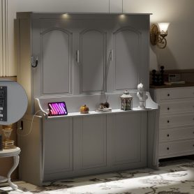 Queen Size Murphy Bed with Desk, LED Lights and USB Charging Station