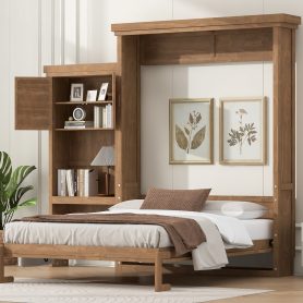 Queen Size Murphy Bed with Multiple Storage Shelves and Louvered Style Decoration