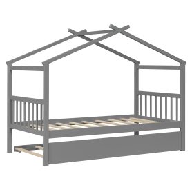 Twin Size Wooden House Bed with Twin Size Trundle