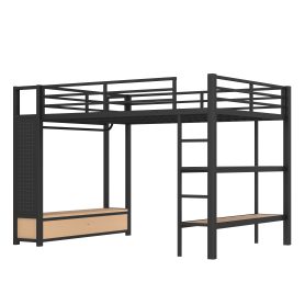 Metal Queen Size Loft Bed Frame With Wardrobe, Storage Shelves And Pegboard