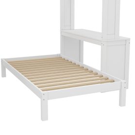 Solid Wood Queen Over Twin Bunk Bed With Dismountable Lower Bed, Desk, Built-in Shelves And Wardrobe
