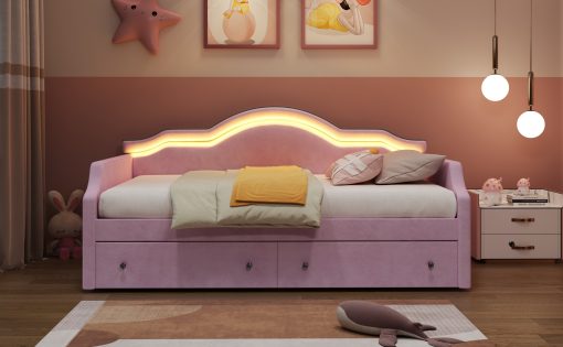 Twin Size Upholstered Daybed with LED and 2 Drawers