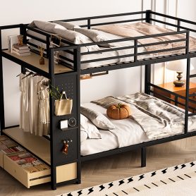 Metal Full Over Full Size Bunk Bed With Storage Shelves, Drawers and Pegboard
