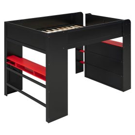Full Size Wood Bunk Bed with height-adjustable Desk,Wardrobe,Ample Storage Space,and RGB Light
