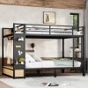 Metal Queen over Queen Size Bunk Bed with Storage Shelves, Drawers and Pegboard