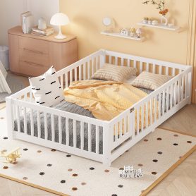 Full Size Floor Bed with Safety Guardrail and Door