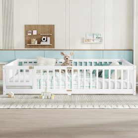 Queen Size Floor Bed with Safety Guardrail and Door