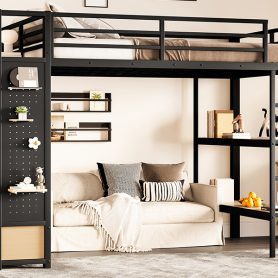 Metal Full Size Loft Bed Frame With Wardrobe, Storage Shelves And Pegboard