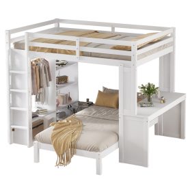 Solid Wood Queen Over Twin Bunk Bed With Dismountable Lower Bed, Desk, Built-in Shelves And Wardrobe