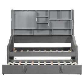 Twin Size Upholstered Daybed with LED Armrest Lights, Storage Shelves & Cabinets