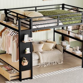 Metal Queen Size Loft Bed Frame With Wardrobe, Storage Shelves And Pegboard