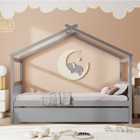 Twin Size Wooden House Bed with Twin Size Trundle