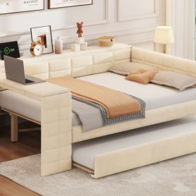 Full Size Upholstered Platform Bed with Storage Shelves, Desk, Charging Station and Trundle 30 Full Size Upholstered Platform Bed with Storage Shelves, Desk, Charging Station and Trundle