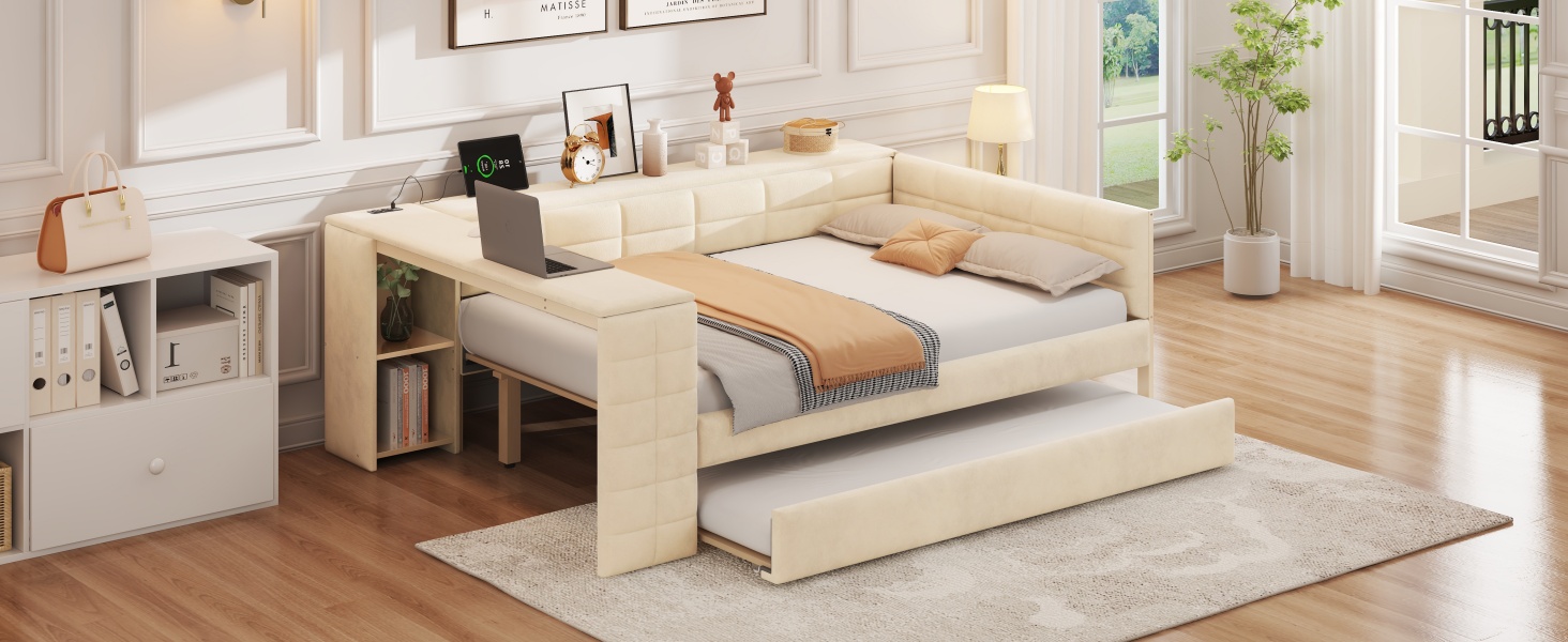 Full Size Upholstered Platform Bed with Storage Shelves, Desk, Charging Station and Trundle 10 Full Size Upholstered Platform Bed with Storage Shelves, Desk, Charging Station and Trundle