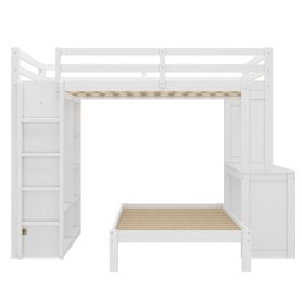 Solid Wood Queen Over Twin Bunk Bed With Dismountable Lower Bed, Desk, Built-in Shelves And Wardrobe