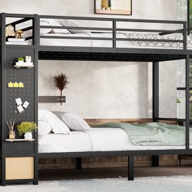 Metal Queen over Queen Size Bunk Bed with Storage Shelves, Drawers and Pegboard