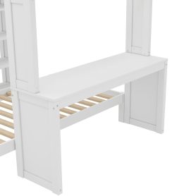 Solid Wood Queen Over Twin Bunk Bed With Dismountable Lower Bed, Desk, Built-in Shelves And Wardrobe