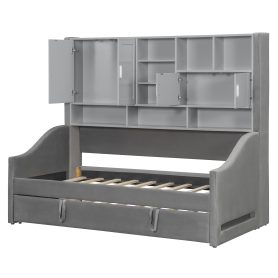 Twin Size Upholstered Daybed with LED Armrest Lights, Storage Shelves & Cabinets