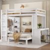 Solid Wood Queen Over Twin Bunk Bed With Dismountable Lower Bed, Desk, Built-in Shelves And Wardrobe