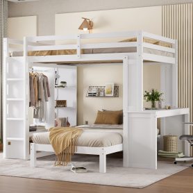 Solid Wood Queen Over Twin Bunk Bed With Dismountable Lower Bed, Desk, Built-in Shelves And Wardrobe