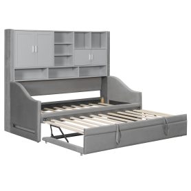 Twin Size Upholstered Daybed with LED Armrest Lights, Storage Shelves & Cabinets