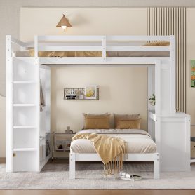 Solid Wood Queen Over Twin Bunk Bed With Dismountable Lower Bed, Desk, Built-in Shelves And Wardrobe