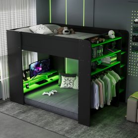 Full Size Wood Bunk Bed with Desk, Wardrobe, Ample Storage Space and RGB Light