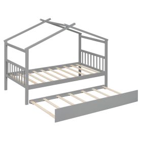 Twin Size Wooden House Bed with Twin Size Trundle