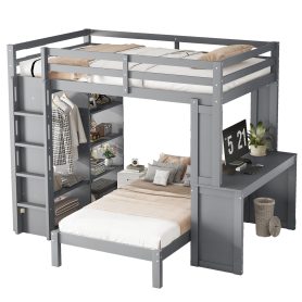 Solid Wood Full Xl/Full Over Twin Bunk Bed With Dismountable Lower Bed, Desk, Built-in Shelves And Wardrobe
