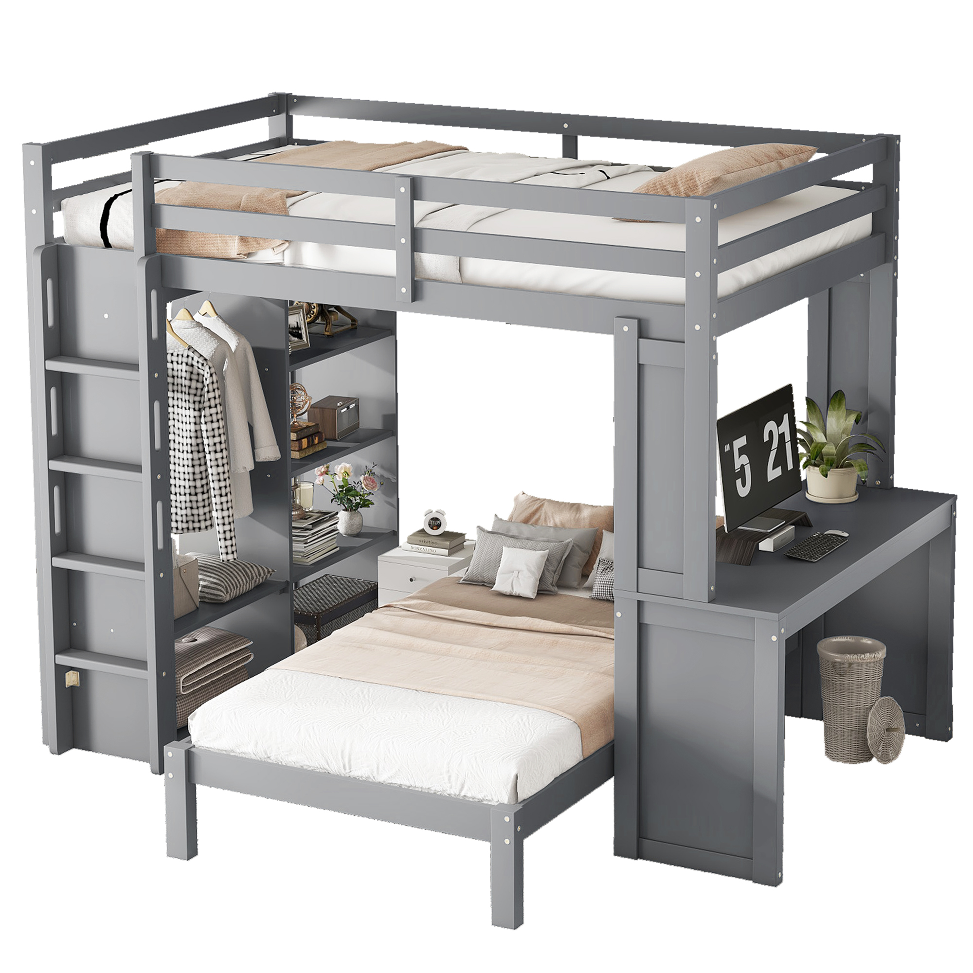 Solid Wood Full Xl/Full Over Twin Bunk Bed With Dismountable Lower Bed, Desk, Built-in Shelves And Wardrobe