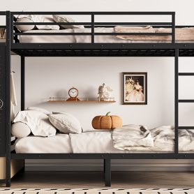 Metal Full Over Full Size Bunk Bed With Storage Shelves, Drawers and Pegboard