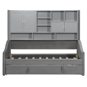 Twin Size Upholstered Daybed with LED Armrest Lights, Storage Shelves & Cabinets