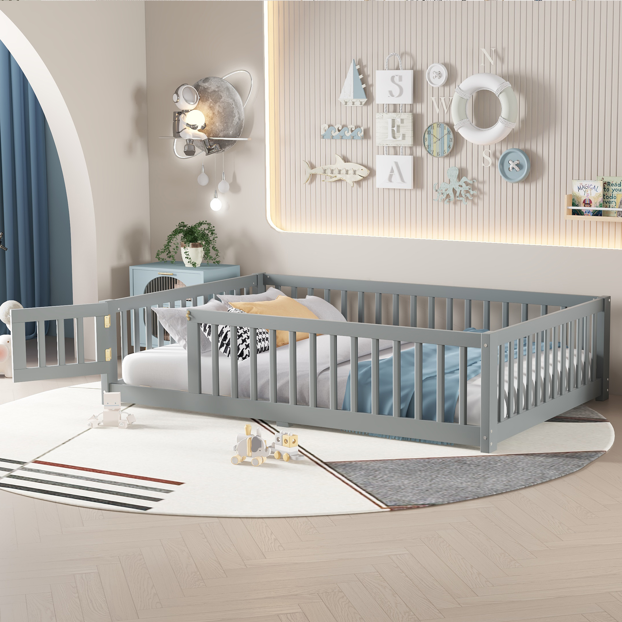 Full Size Floor Bed with Safety Guardrail and Door